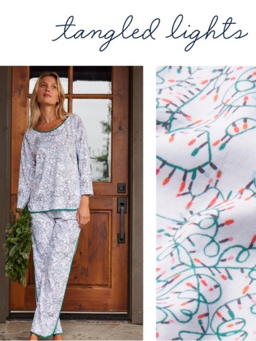 LAKE Tangled Lights Christmas Pajama Womens Pima Cotton 2pc PJ MED Green HTF